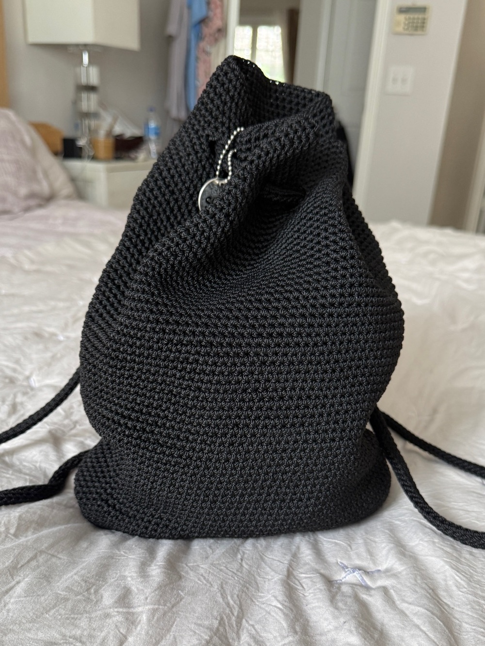 Black Knit Drawstring Backpack - Women Bags